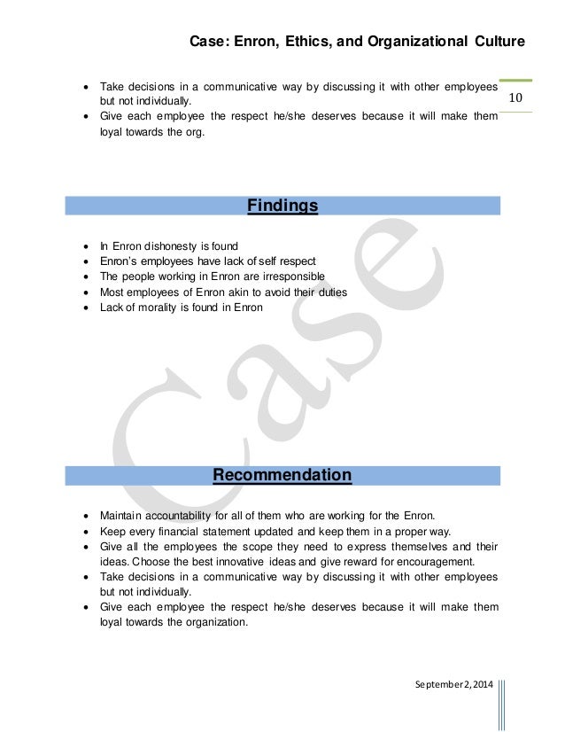 enron ethics and organizational culture case study